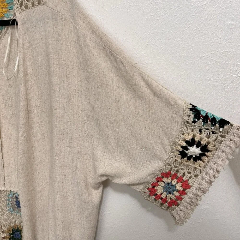 Umgee Crochet Patchwork Kimono Cardigan Oatmeal Open Front Granny core Size L - Picture 4 of 11